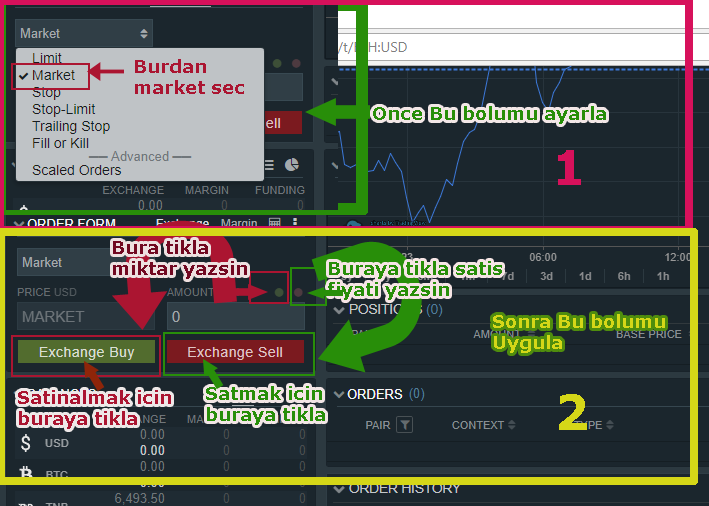 Bitfinex sitesinde marketten bitcoin satinalma ve satma islemi