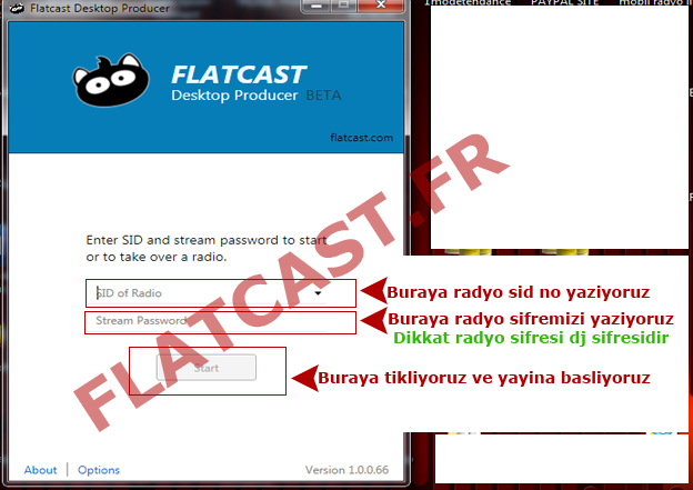 Internet tarayicisiz flatcast yayini yapmak